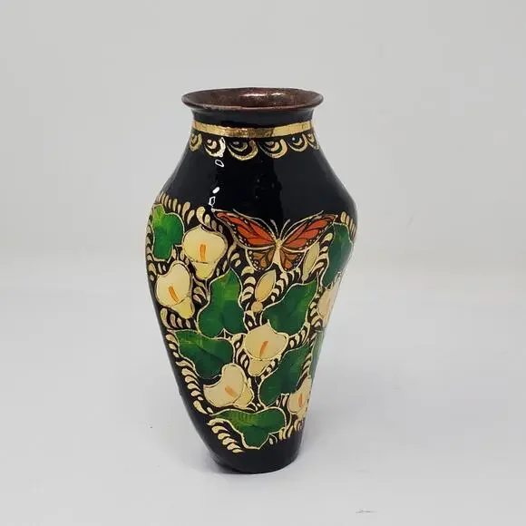 Vintage Black Floral twisted Cloisonné 7" vase Lilly and butterfly hand painted - Picture 8 of 10